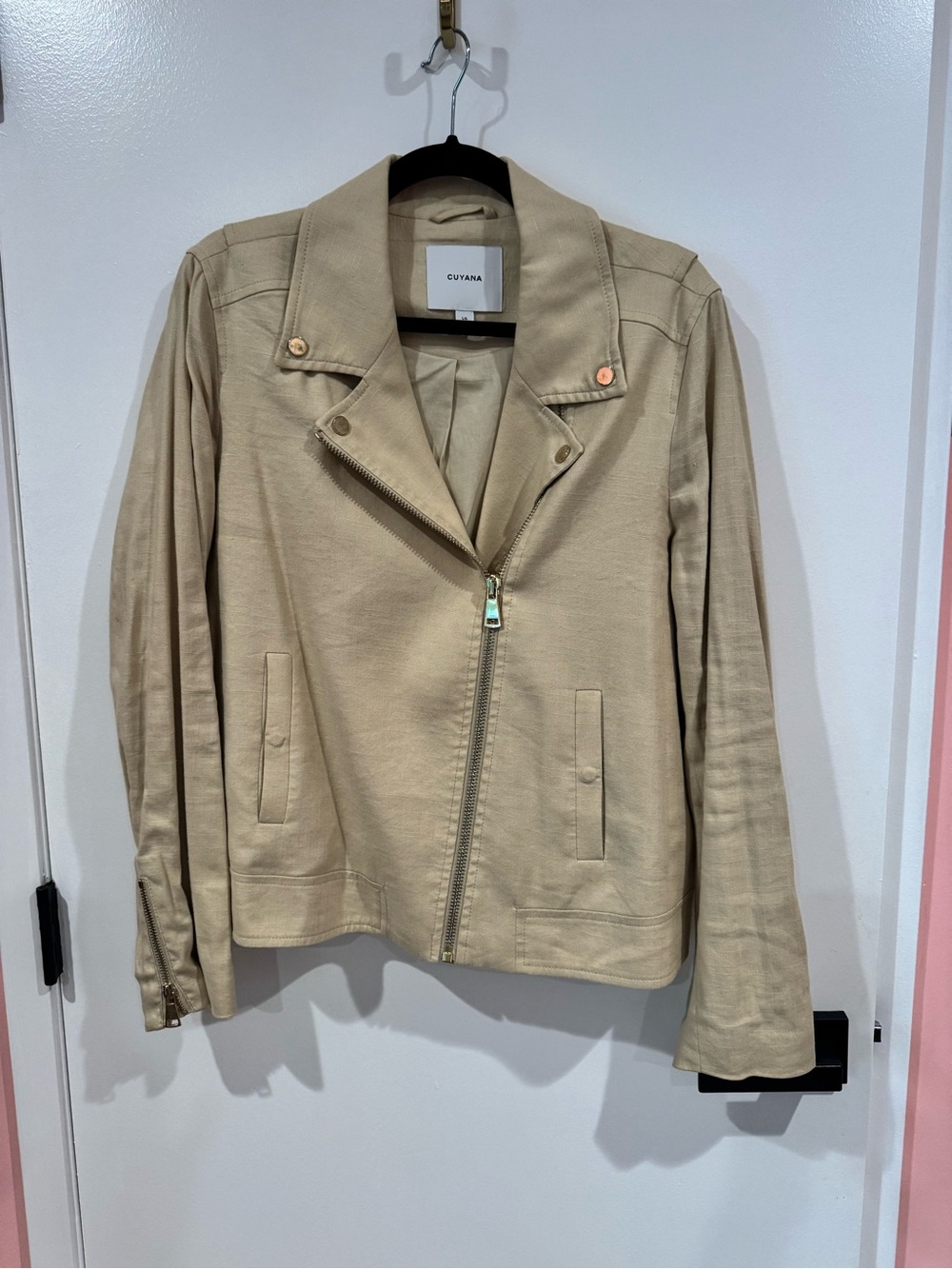 Cuyana Beige Linen Blend Asymmetrical Zip Moto Jacket, L